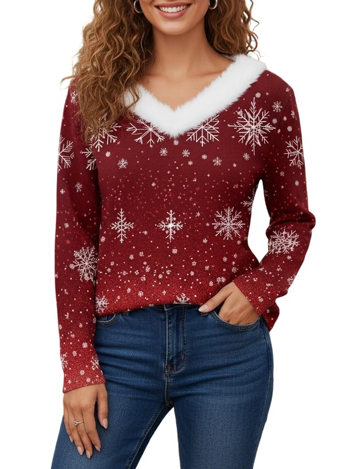 Womens Chritmas V-Neck Pullover Sweaters Long Sleeve Vintage Snowflake Graphic Patchwork Sweaters