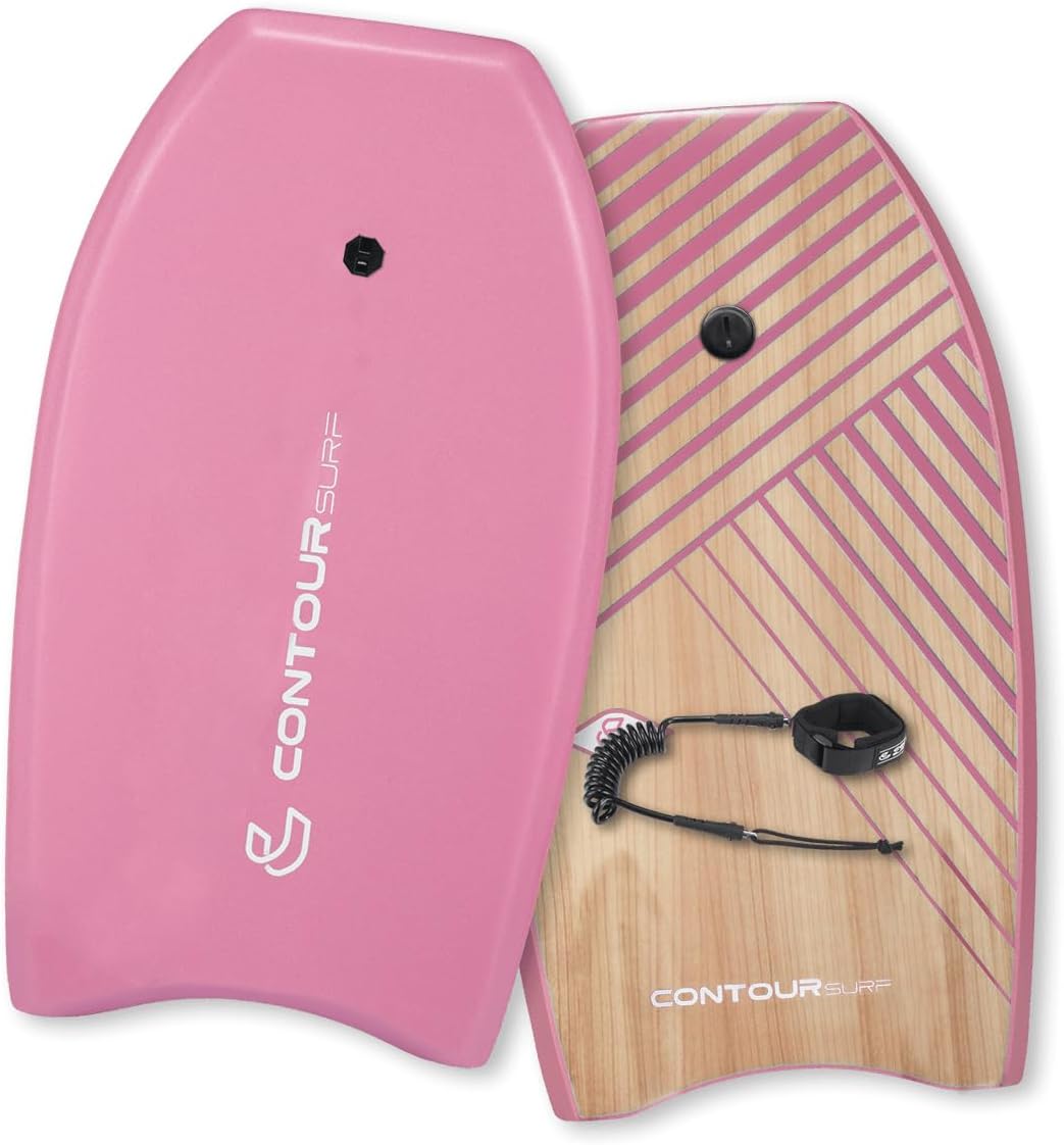 CONTOUR Reed Body Board 33 Inches Bodyboard Body Boards for Beach Kids Lightweight EPS Core Dual Channel Double Swivel Coiled Wrist Leash for All Surfing Levels Magenta