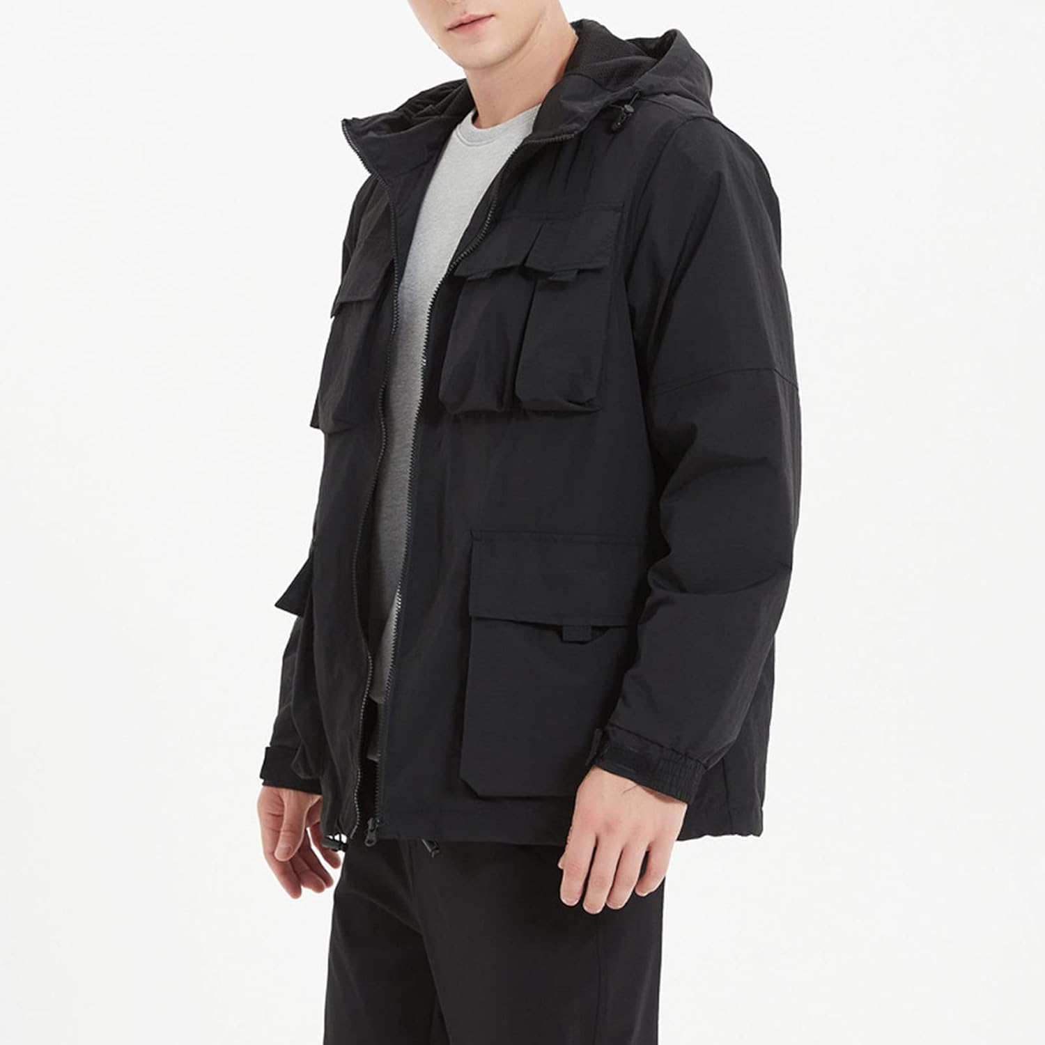 JEsilunmaMY Men's Multi Flap Pockets Hiking Jacket Lightweight Windproof Water Resistant Hoodies Outdoor Cargo Windbreaker