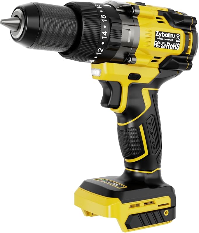 1151In-lbs 20V Brushless 1/2" Cordless Hammer Drill 28500 BPM | Compatible with DeWalt 20V Battery, High Torque, with 20+3 Clutch, 2 Speed, for Bricks, Metal, Concrete Drilling, Bare Tool