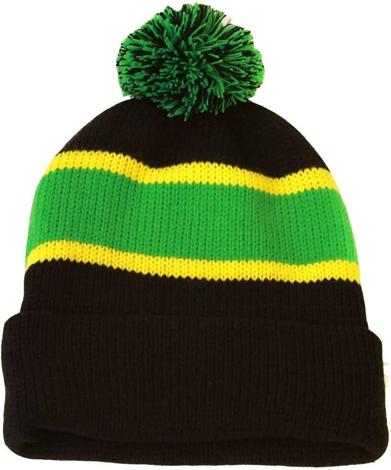 TOP HEADWEAR Winter Striped Beanie with Pom - Green/Black/Yell
