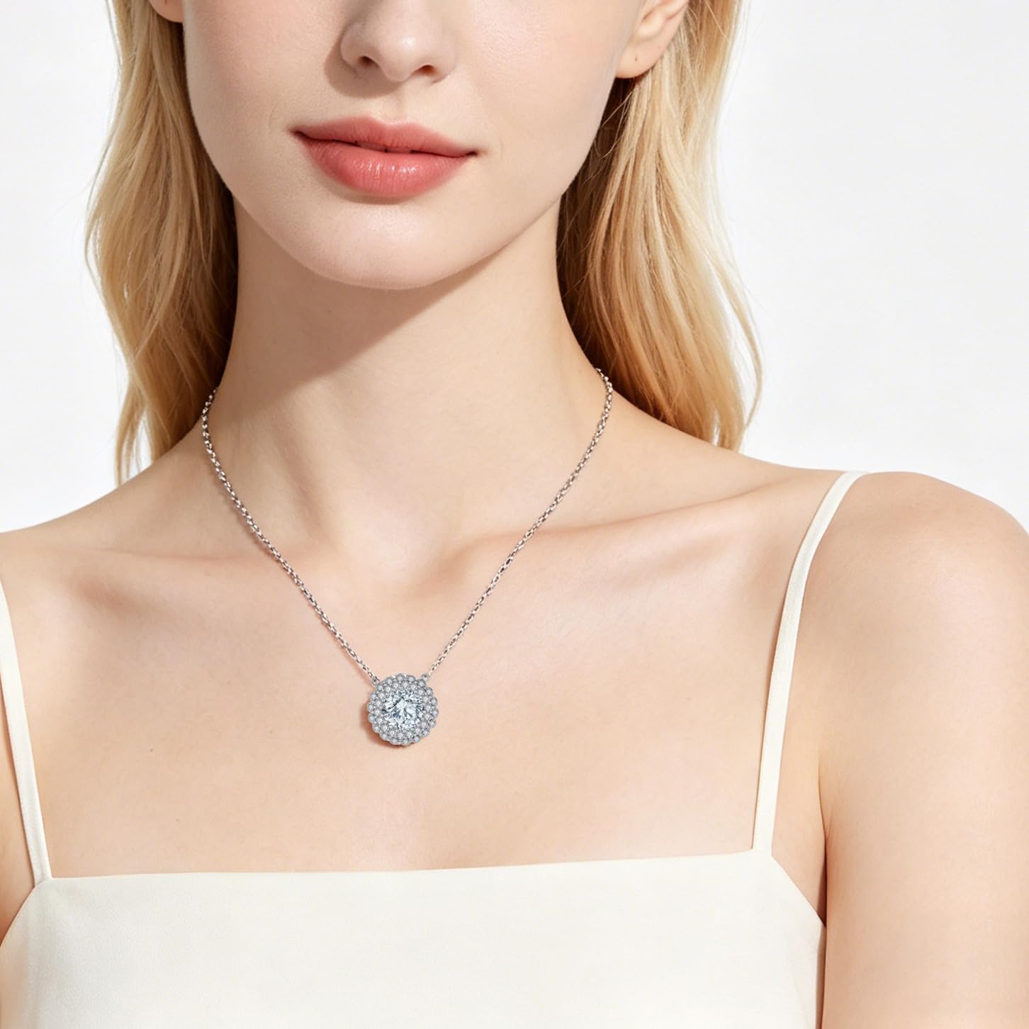 Necklace for Women - 10mm Round Birthstone Cubic Zirconia Double Halo Cable Chain,Versatile Polished Jewelry for Daily Wear & Gift