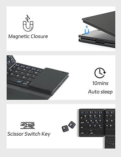 Miniatura 8 de ZenRich Teclado Bluetooth plegable con soporte y teclado táctil grande, teclado numérico, teclado de bolsillo de viaje para iPad, Windows, iOS,