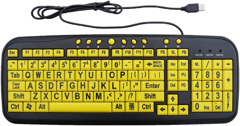 Large Print Yellow Keys USB Keyboard for Low Vision By DSI