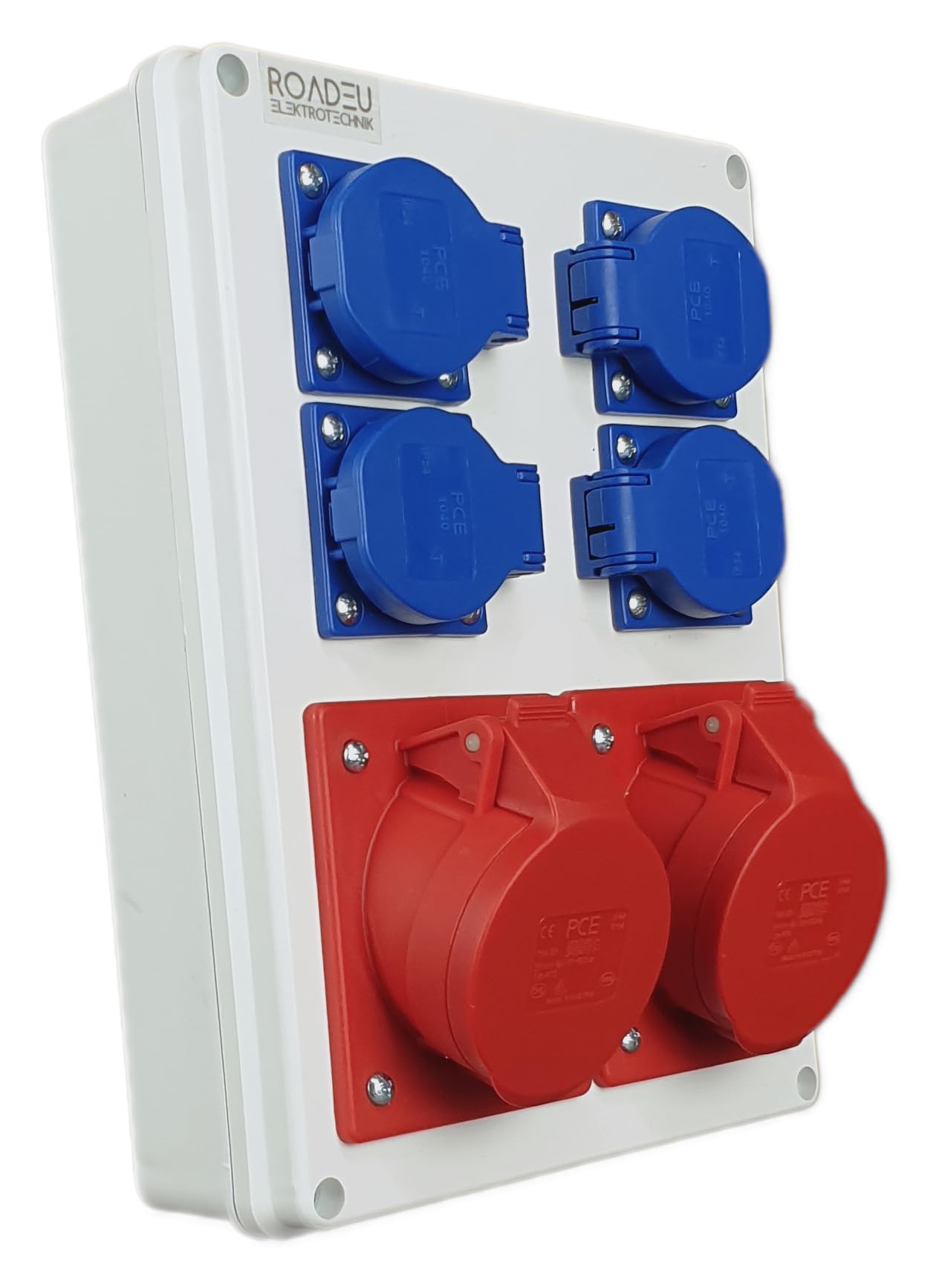RoadEu - Distributore di corrente di costruzione – 2 x CEE 16A con 4x Schuko 230V – Quadro Elettrico IP44. Perfetto per il garage, il capanno, il giardino o la fabbrica.