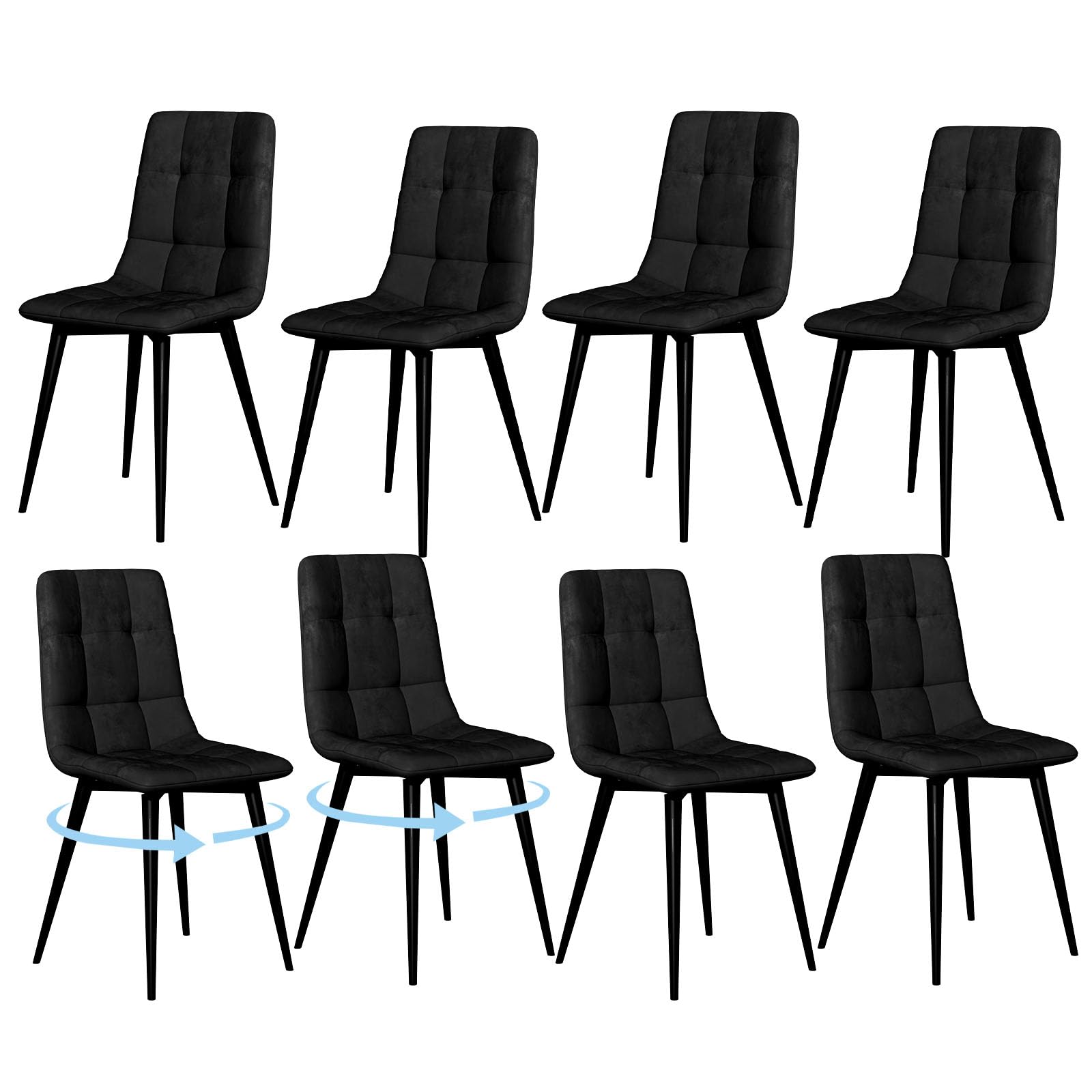 360° Swivel Dining Chairs Set of 8, Upholstered Dining Chair, Velvet Dining Chairs with Metal Frame, Modern Mid Century Kitchen Chairs, Black Chair for Dining Room, Bedroom, Living Room, Kitchen