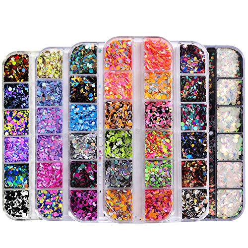 GOTONE 6 Boxes Nail Sequins, Ultra-thin Colorful Round Holographic Paillette Mermaid Flakes Manicure Make Up DIY Decals Decoration for Body Cellphone Case