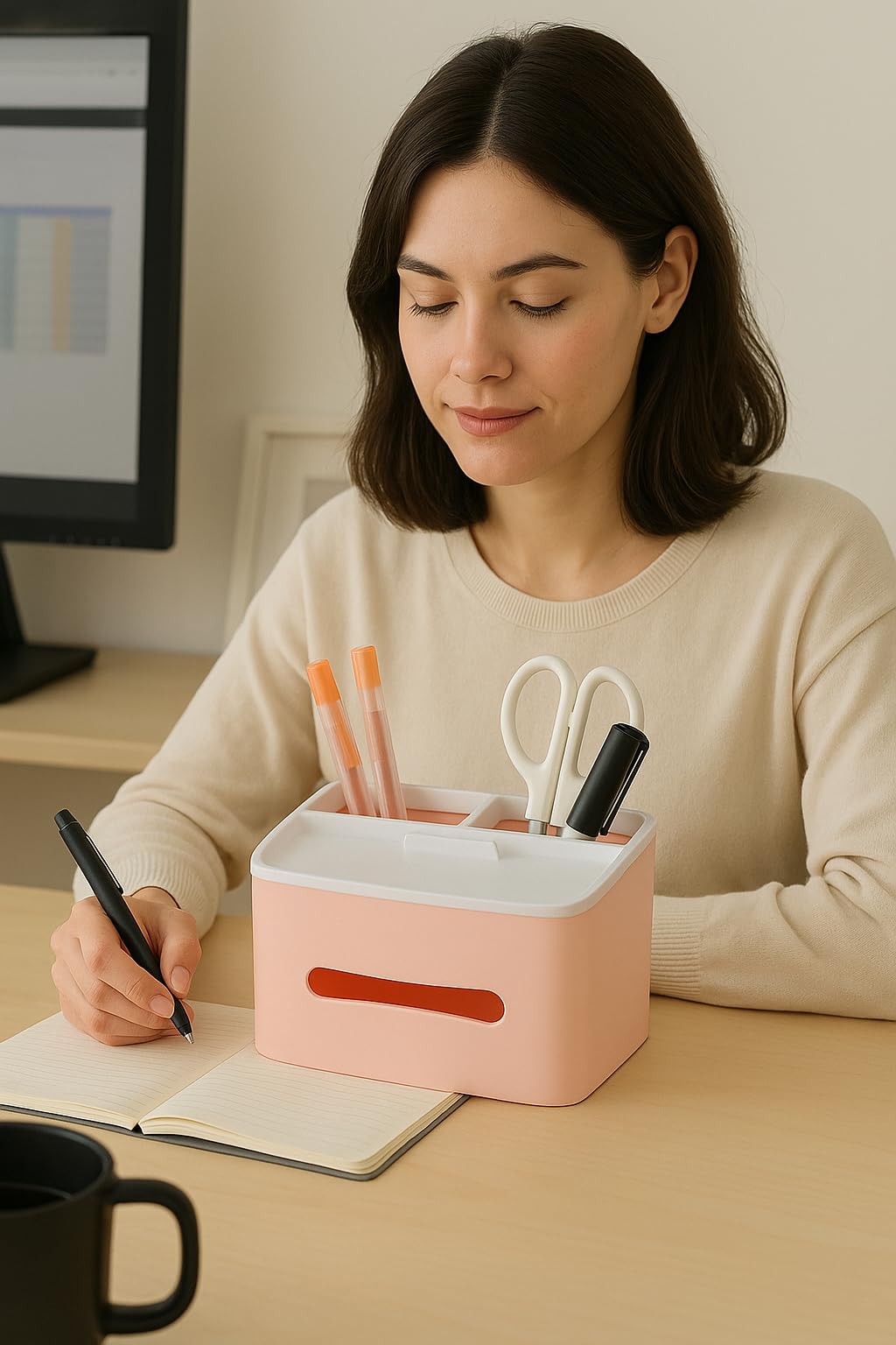 ILU Organizer da tavolo multifunzione con dispenser di fazzoletti, portaoggetti da scrivania con scomparti per cancelleria, accessori ed essenziali, 1 pezzo, rosa