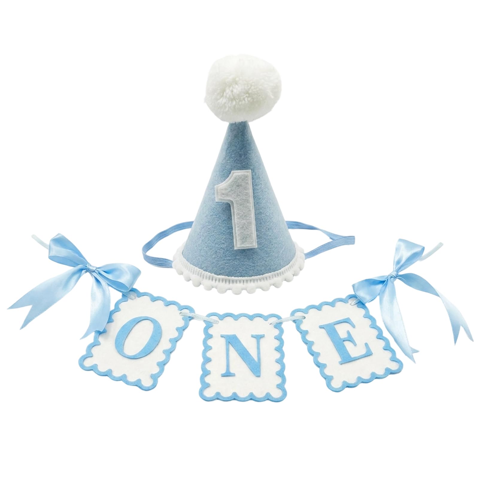 First Birthday Decorations Boy, 1st Birthday Banner with Pom Pom Hat, Desktop Decoration for Party Planning, Highchair Garland for Cake Smash