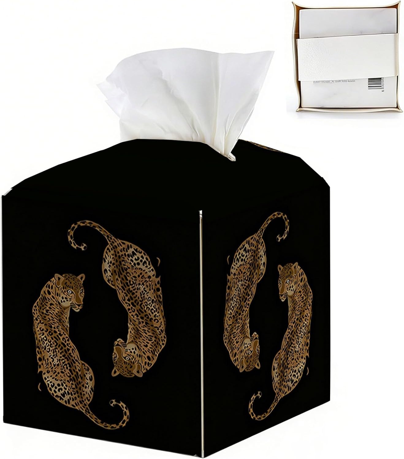 Black Leopard Tissue Box Square, Black Leather Decorative Tissue Box Holder Cube, Elegant Cheetah Napkin Storage Organizer for Bathroom Bedroom Office Home Car 5.4x5.4x5.3