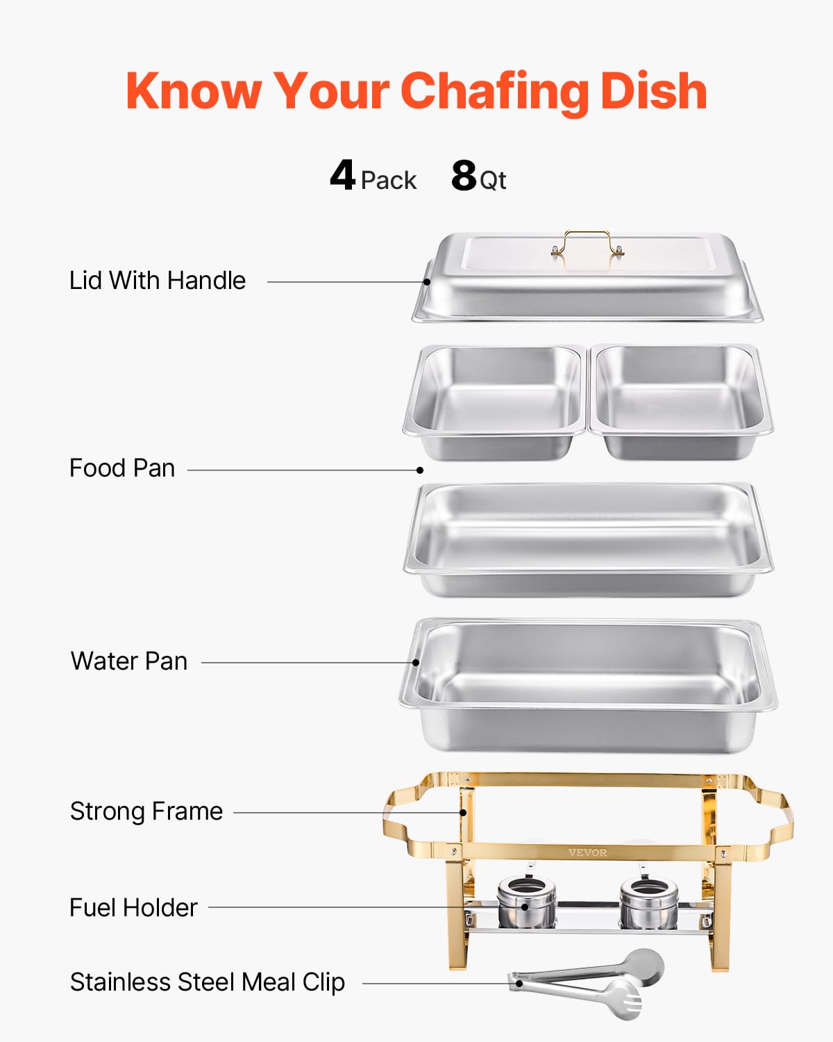 VEVOR Chauffe-Plat 4PCs 7,5 L, Buffet Chauffant Rectangulaire, Réchaud en INOX, avec 2 Bacs Pleine Taille, 6 Bacs Demi-Taille et Couvercle, pour Buffet Libre-Service Hôtel Traiteur Restauration, Doré