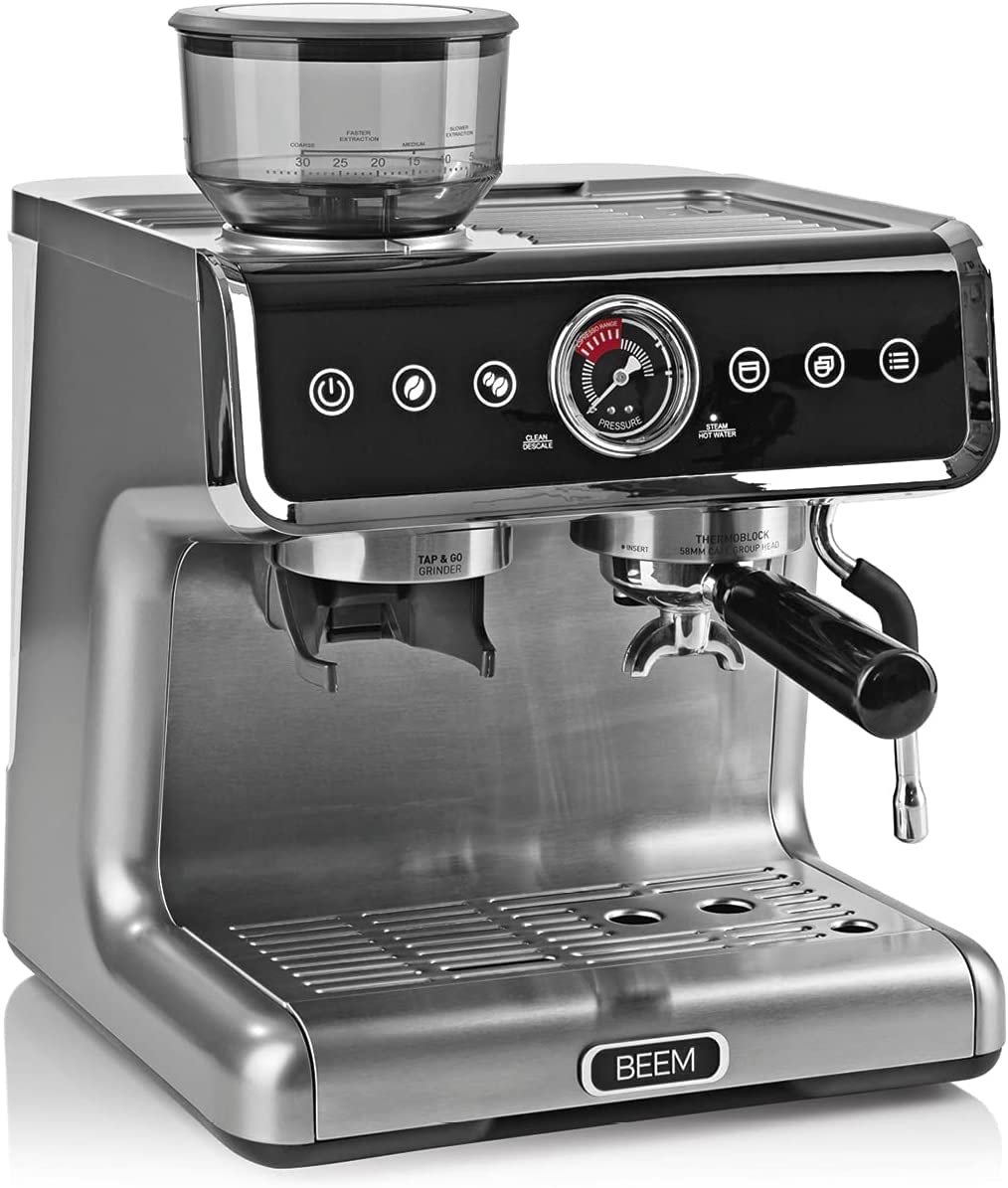 BEEM ESPRESSO-GRIND-PROFESSION caffettiera con macinino, programmabile | 2 termoblocchi per la preparazione simultanea di espresso e schiuma di latte | macinino a cono con 30 impostazioni