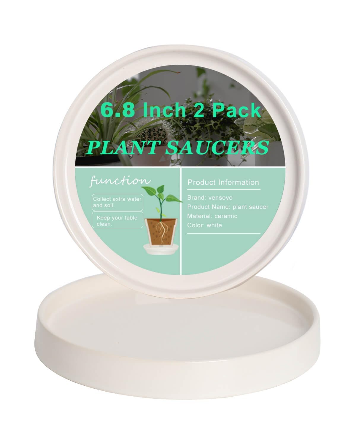 vensovo Large Ceramic Plant Saucer for Pots- 2 Pcs 7 Inch Round Plant Tray for 5,6,7 Inch Plant Pots, Modern White Ceramic Planter Saucer are The Perfect for Indoor or Outdoor Decoration.
