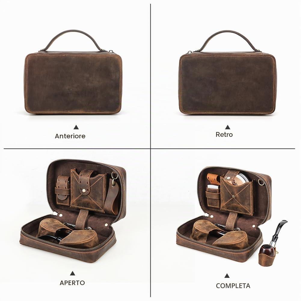 CONTACTS Borsa porta tabacco in pelle con supporto, custodia da viaggio per 2 tubi, accessori per pipa da fumo, borsa organizer con tracolla staccabile