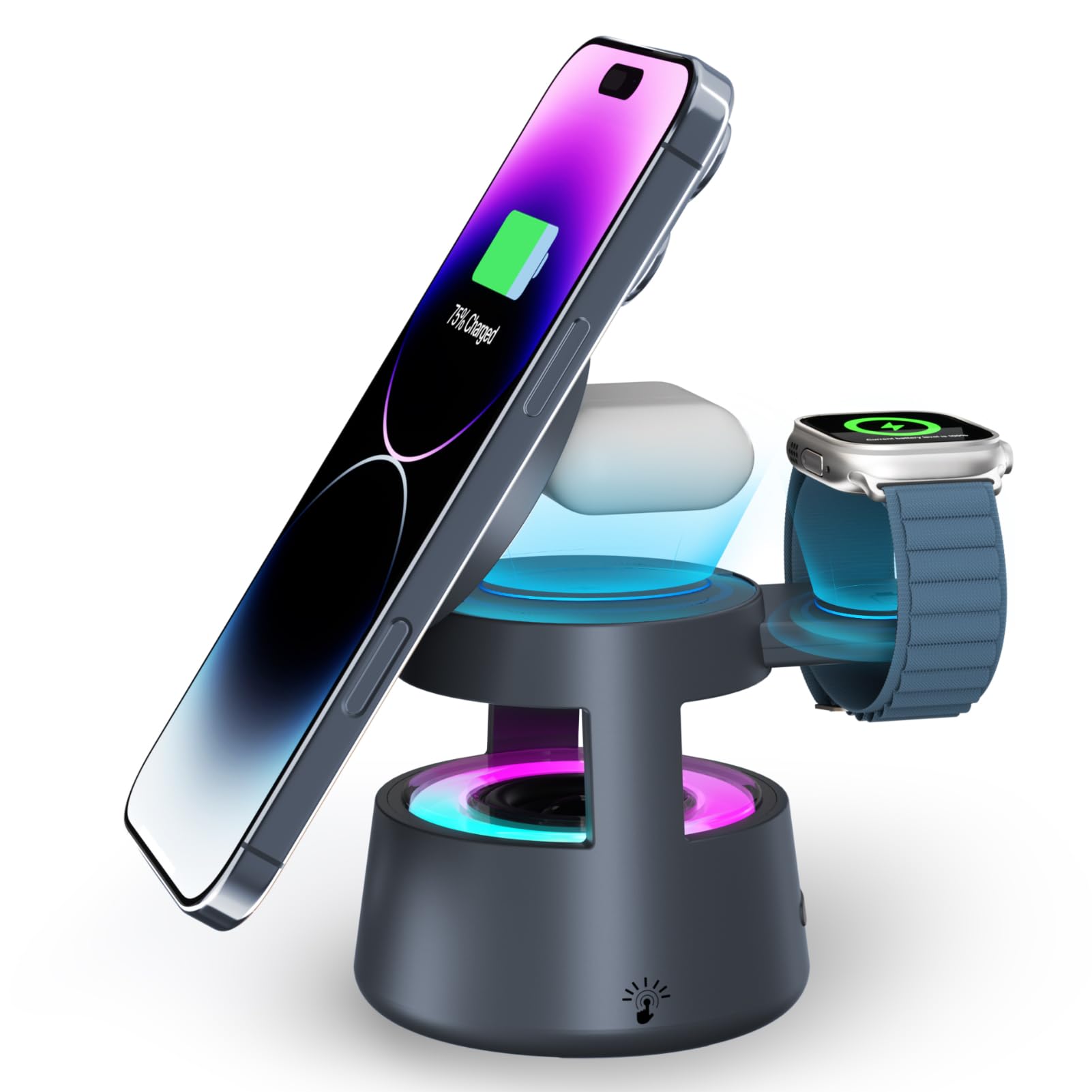 NEUTYPECHIC Altoparlante Bluetooth con caricatore a induzione 5 in 1, lampada da scrivania, supporto inclinabile 65°, luce notturna