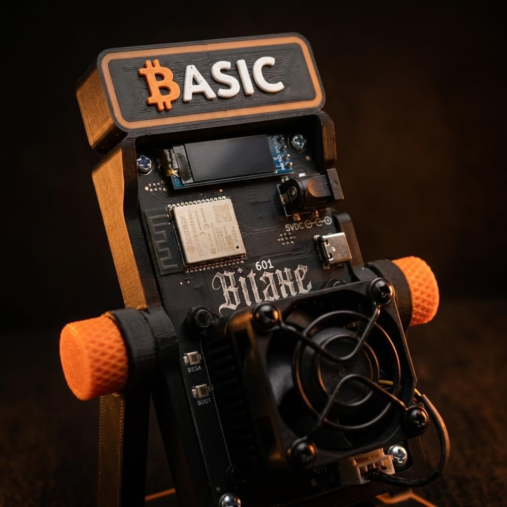 Basic Solo Bitcoin Miner – Bitaxe Gamma 601 BM1370 ASIC, 1.2 TH/s Open Source Crypto Mining Device with AxeOS, 2.4G Wi-Fi, OLED Display, Low Noise Home Mining Unit, 5V Power Supply & Stand Included