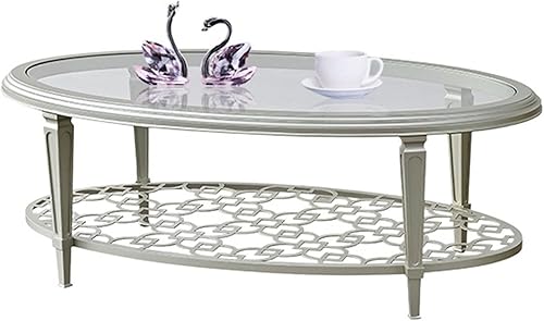 BNNP Mesa de té para sala de estar mesa de centro de cristal mesa de centro ovalada de 2 niveles parte superior de vidrio templado y estantes