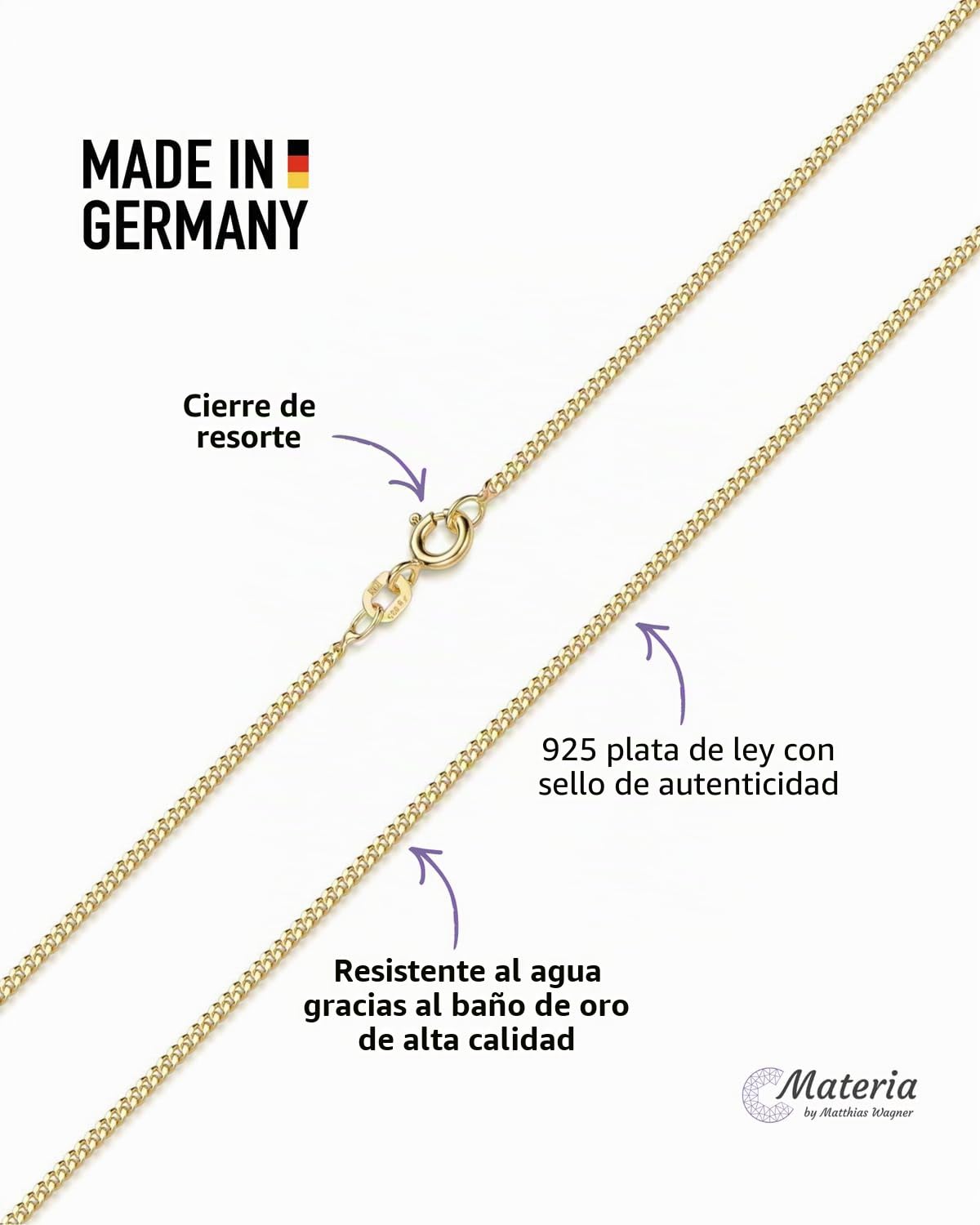 Cadena fina de oro de 1,7 mm de plata de ley 925 para colgante K88, departamento, Plata, Sin piedra preciosa | Delicado collar para hombre y mujer con chapado en oro resistente al agua en 40-70 cm de MATERIA by Matthias Wagner