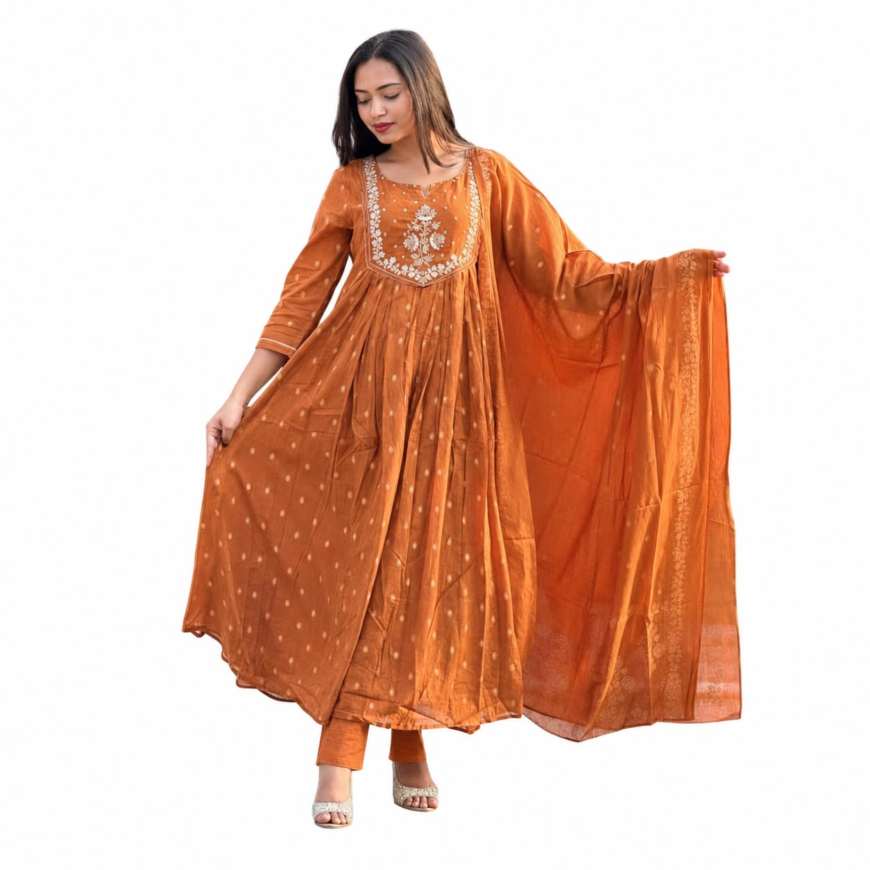 Women's Cotton Embroidery Anarkali Kurti and Pant with Dupatta Set (Orange-M)-picture-31