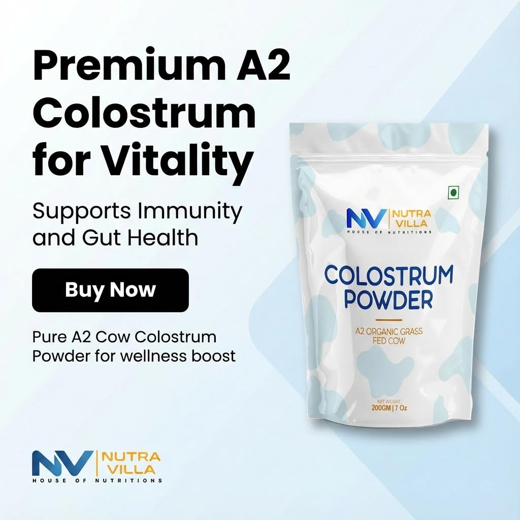 NutraVilla A2 Cow Colostrum Milk Powder 200g (7 oz) | Sourced from Indian Native Desi Cow Breeds (Gir, Tharparkar, Rathi, Sahiwal) | Nutrient Rich, No Antibiotics, No Hormones