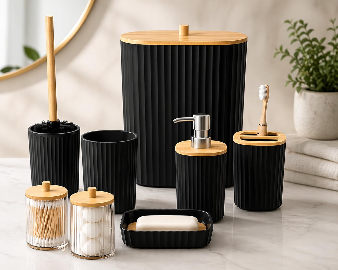 Kikzi® Bathroom Accessories Set 6PC with Trash Can & Toilet Brush + 2 Cotton Jars Bonus, Modern Ribbed Bathroom Set Includes Soap Dispenser, Toothbrush Holder, Tumbler & Soap Dish (Black)