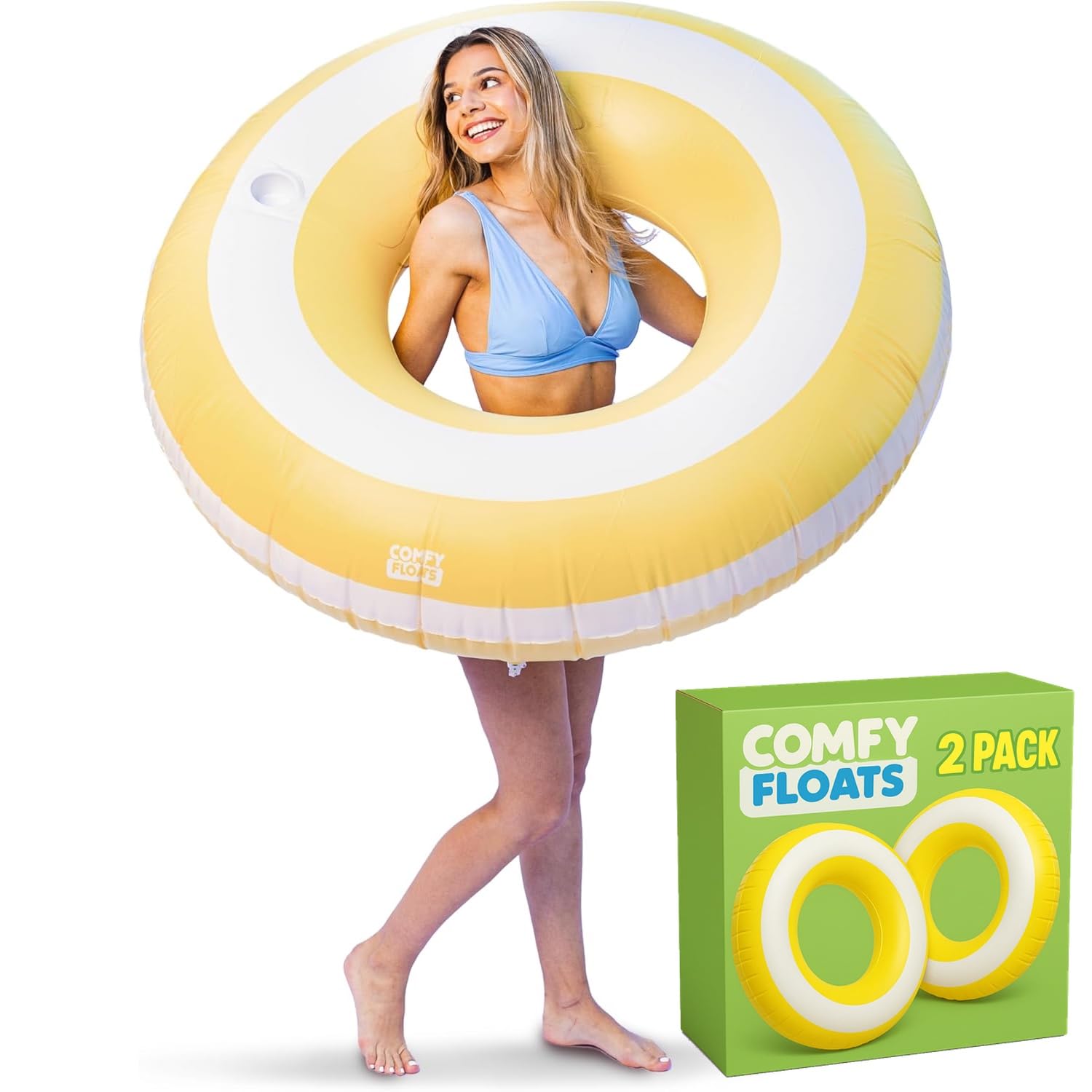 Comfy Floats 2 Pack of Giant Inflatable Yellow Stripe Tube Floats, Donut Style Pool Floats - Yellow and White