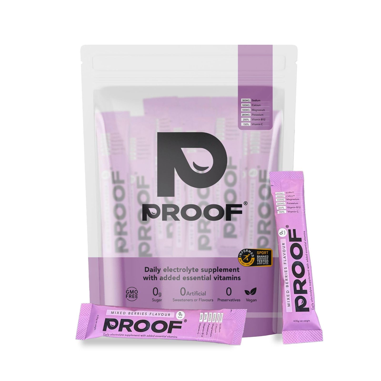 Electrolyte Supplement | Hydration Sachets | Zero Sugar Electrolyte Hydration with Essential Vitamins | (20 Servings, Mixed Berry) from Proof Hydration