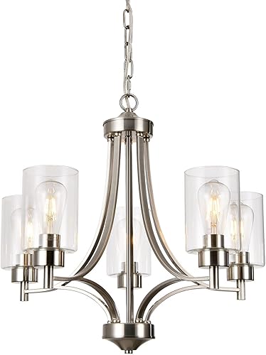 BOZO Moderno candelabro de 5 luces de níquel cepillado para comedor con pantalla de vidrio transparente colgante de techo para cocina pasillo