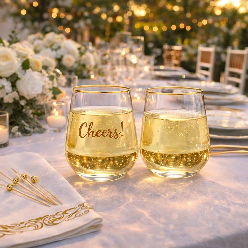 Plastic Wine Glasses Stemless Disposable 12 oz with Gold Rim - 30 Guests Party Drinkware Set, 30 Plastic Cups, 30 Napkins & 50 Cocktail Picks - BPA-Free, Shatterproof, Reusable, Recyclable