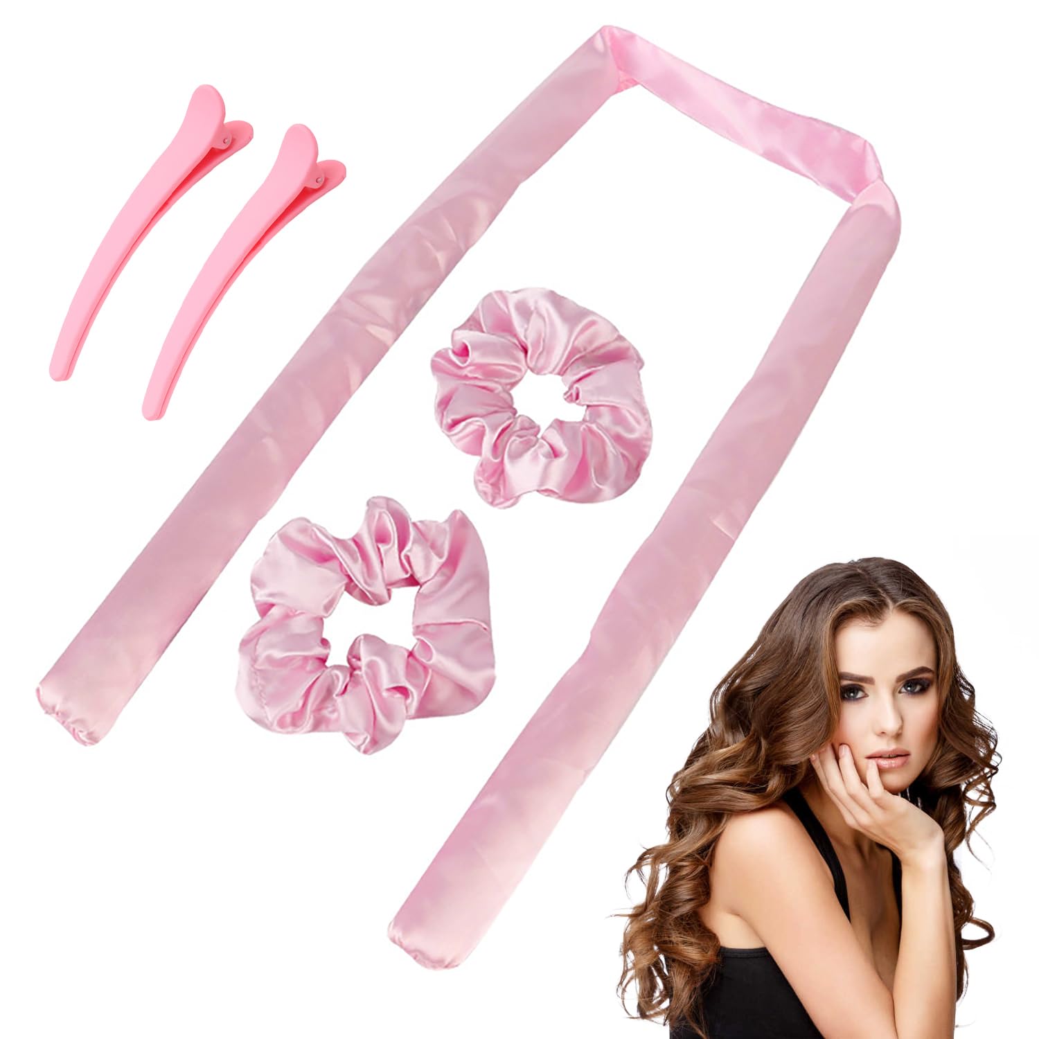 Rizador Pelo sin Calor, Rizador para dormir, Rizador de pelo x 1, cinturón de pelo x 2, clip de pelo x 2, No Dañará el Cabello, Para Cabello Largo y Medi Mujeres Niñas, Rosa
