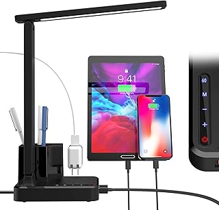 Desk Lamp,Desk Lamps for Home Office,COZOO LED Desk Lamp with 2 USB Charging Ports,2 Pen Holders,1 Outlet,3 Color 3 Brightness Levels,Touch/Memory/Timer,LED Desk Light Small Desk Lamp Kids Study Lamp