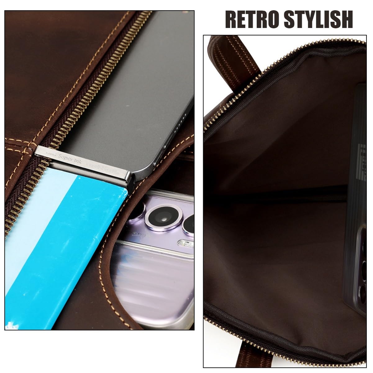 Bolso portátil cuero hombre, maletín delgado 14 pulgadas, bolsa documentos