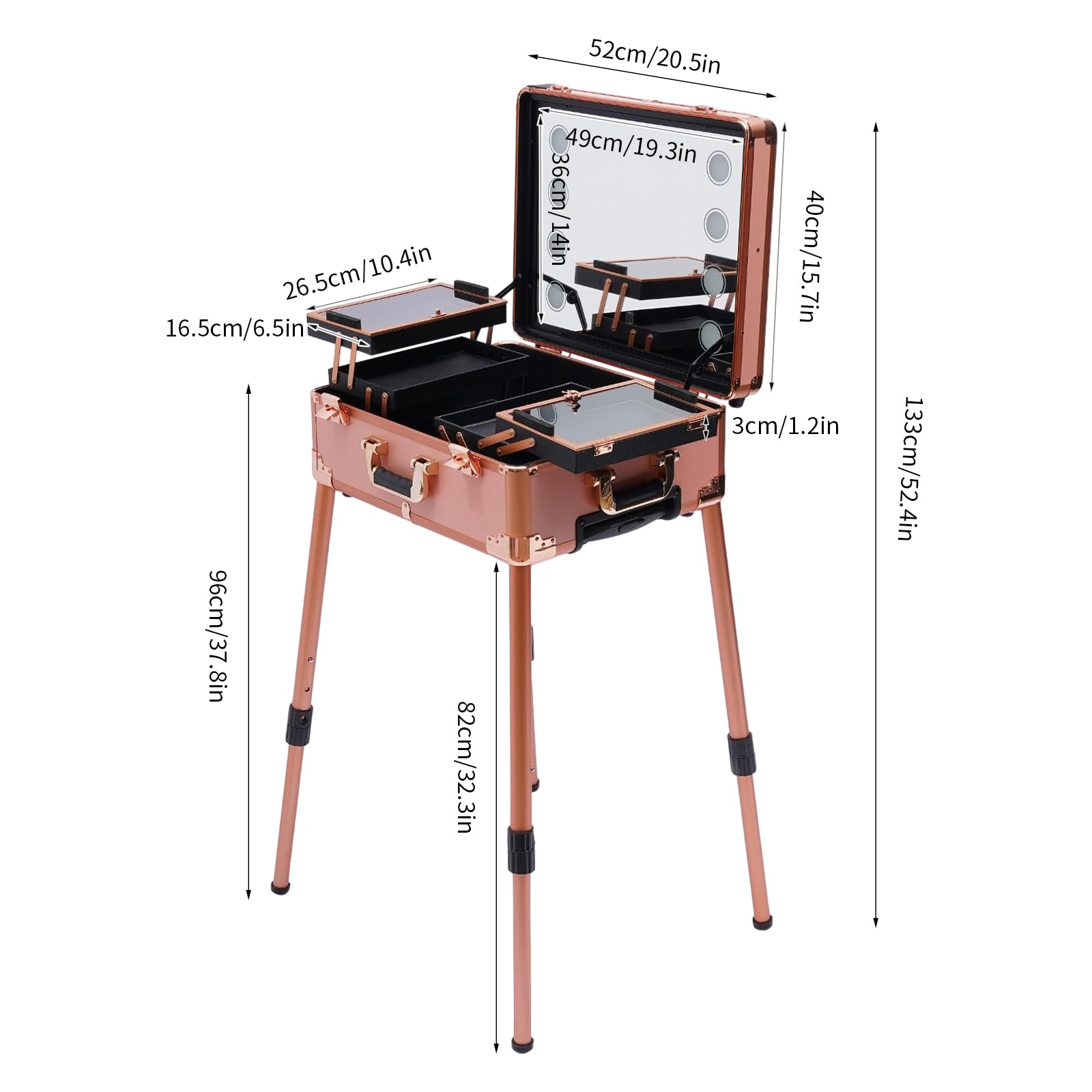 Schminkkoffer Trolley Kosmetik-Zug Tisch Verstellbare Pro-Schminkstation Make up Organizer Portable Makeup Train Case Cosmetic Box Aufbewahrungsbox mit 4 Rollen, LED-Licht & Stützbein