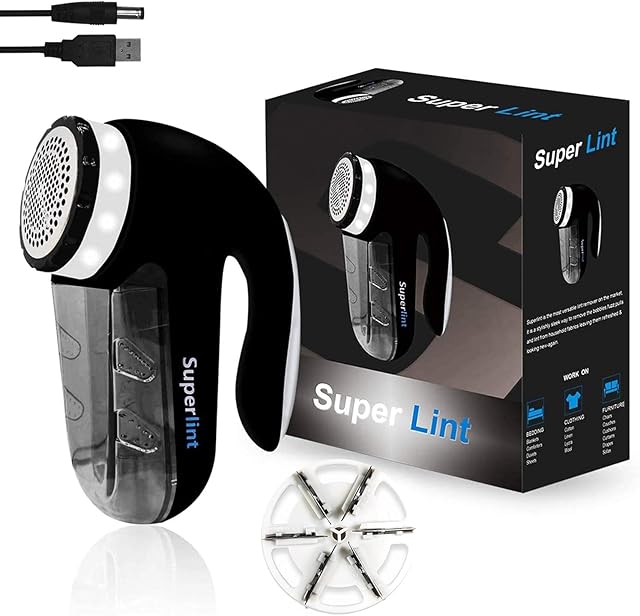 SUPER LINT Best Rated Electric Sweater Shaver With Light Belt, Best Fuzz Pill Bobble Remover for Fabric Fleece Curtains Clothes, USB Charging Wire, Black & Silver