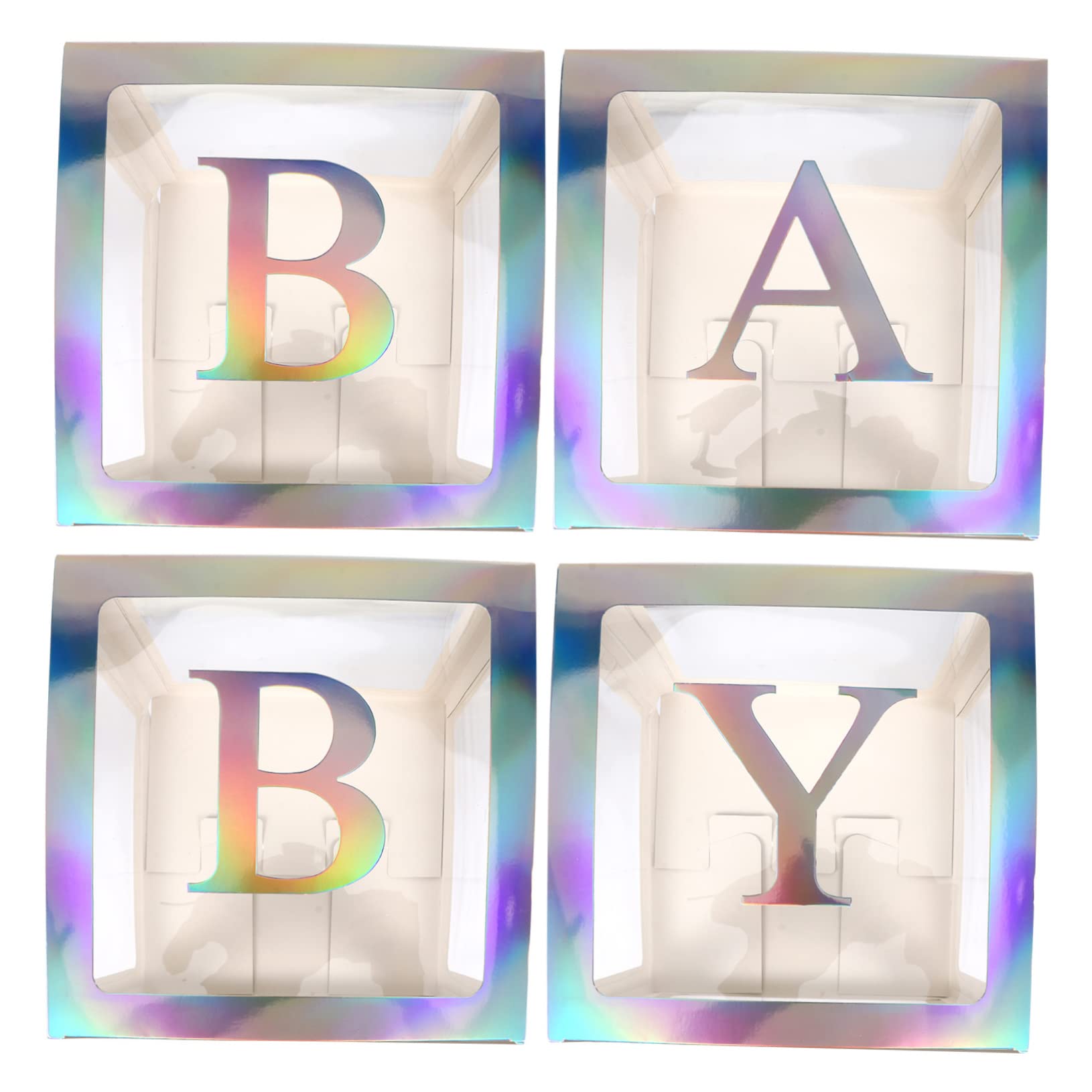 Babyparty Kasten aus Papier mit 4 Teilen und Silbernen Buchstaben | Transparentes Satz, für Kindergeburtstag und Shower, Quadratische Form, als Partydeko