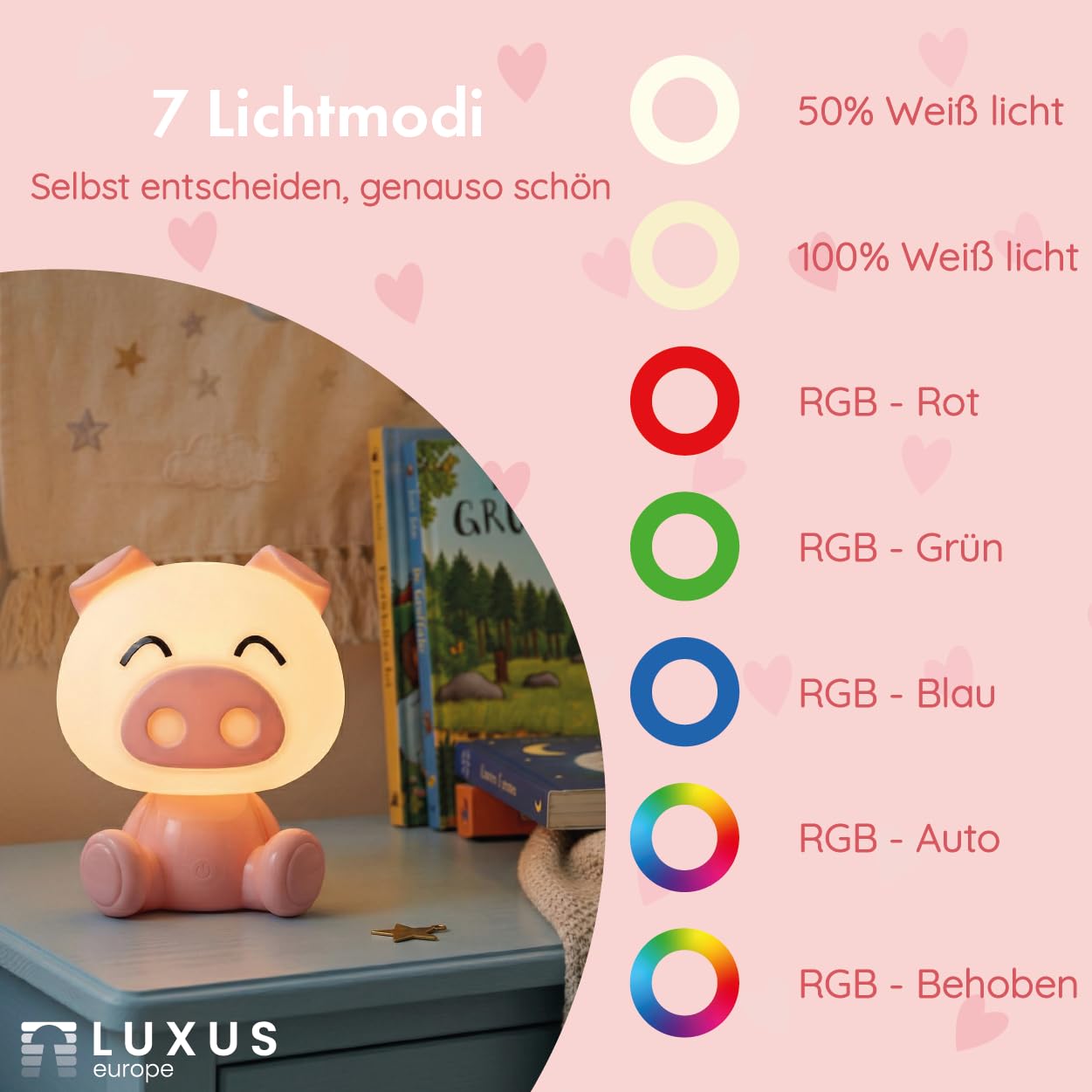 Luxus Europe - Veilleuse enfant Piggy Rose - Veilleuse LED sans fil pour enfants – Rechargeable par USB-C – 7 couleurs RGB – Lampe de table pour chambre d’enfant