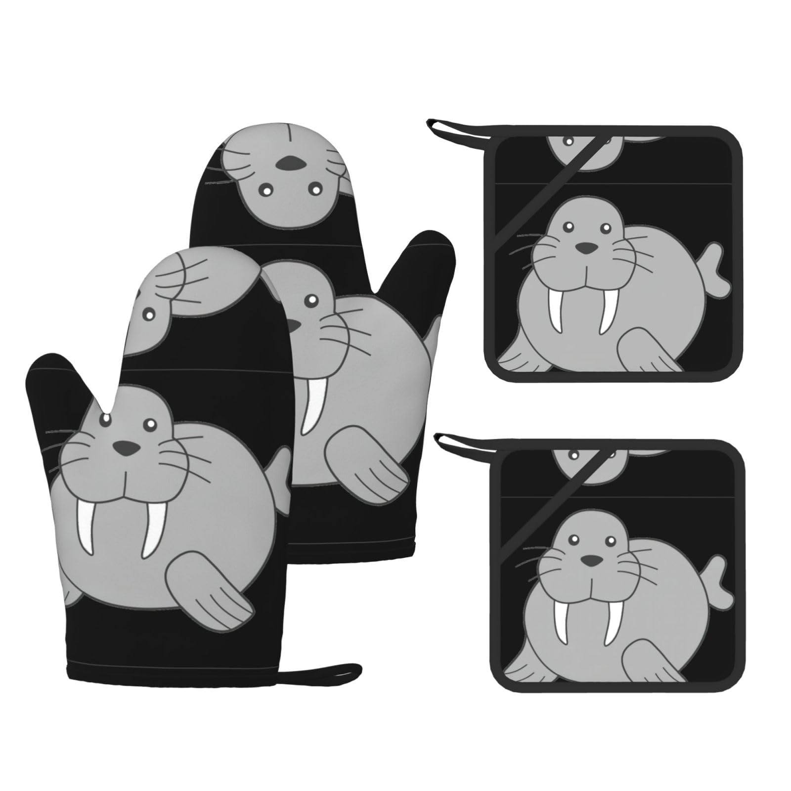 Walrus Printed Cooking Mitts and Pot Holders 4 Pcs, Heat Resistant Oven Gloves with Hanging Loop Chef