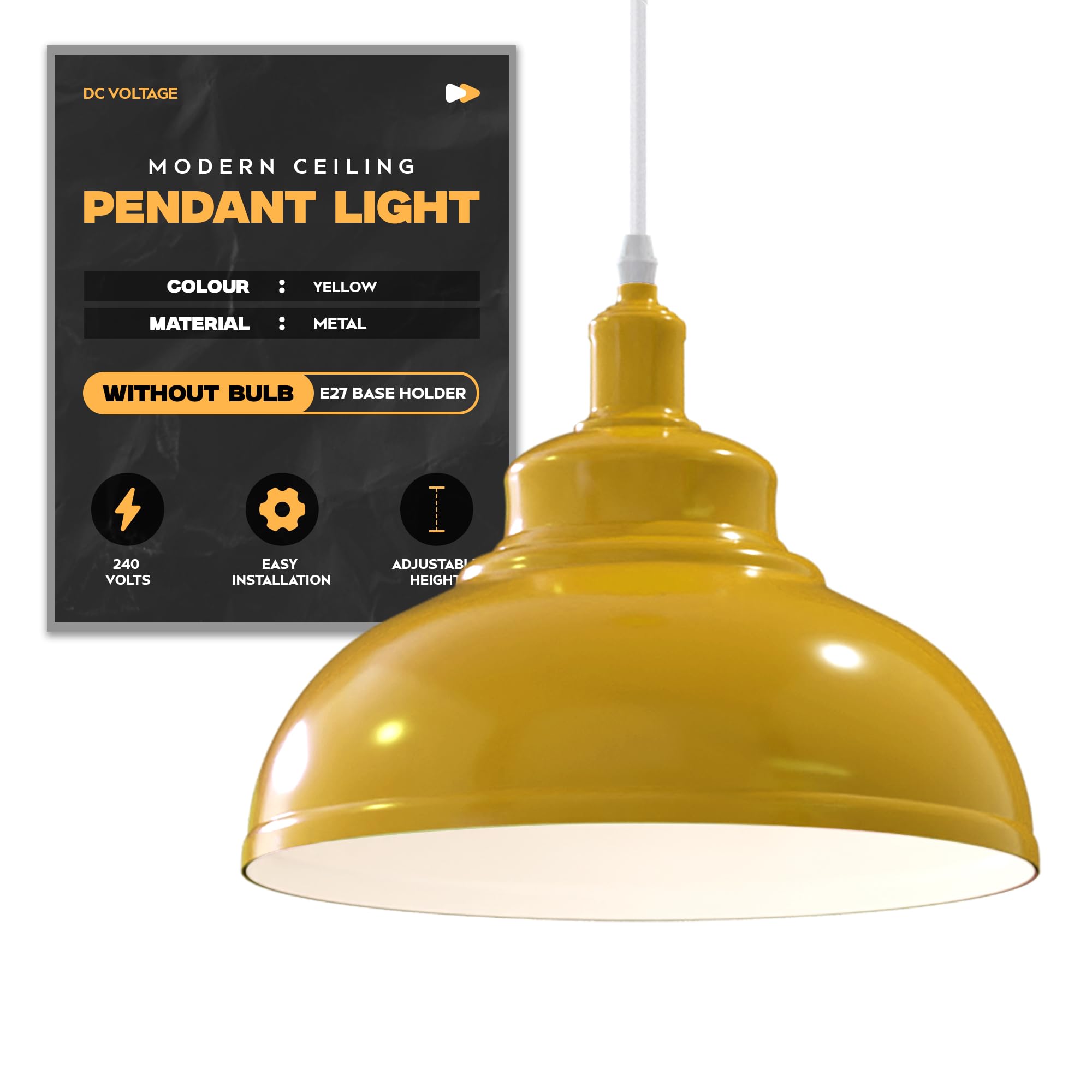 DC VOLTAGE Modern Ceiling Pendant Light 29cm Yellow Metal Lampshade Easy Fit E27 Base with Adjustable Cable Hanging Light Fitting for Kitchen Living Room Bedroom Restaurant Office Bar