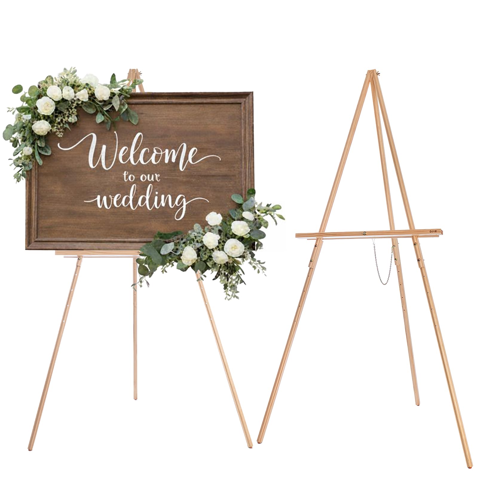 DJAR Caballete de madera de 63 pulgadas para cartel, altura ajustable de doble uso, caballete de exhibición de suelo de madera para boda, tablero de bienvenida, póster, imagen, foto, natural
