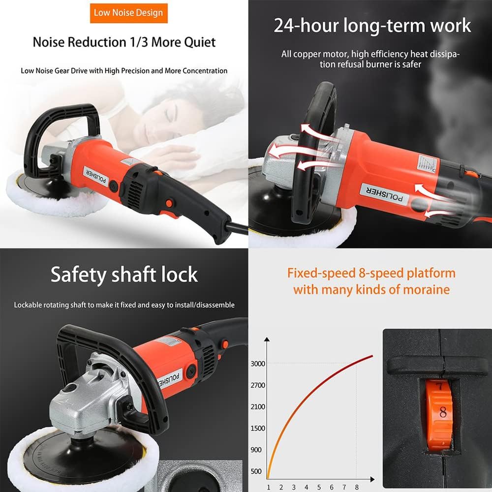 Pulidoras rotativas, pulidora y kit de pulidoras para automóviles de 1400 W, 8 controles de velocidad variable con almohadillas de 7 pulgadas para pulir, abrillantar, encerar y lijar automóvil orange