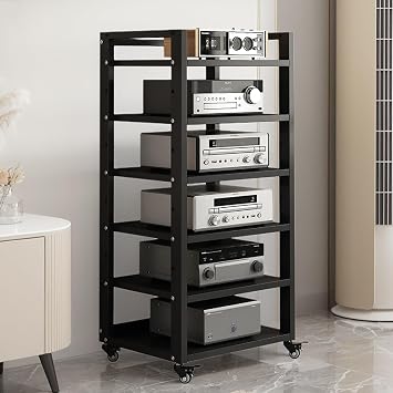6 Tier AV Media Stand, Movable Record Player DVD CD Audio Rack Tower Holder, Adjustable Entertainment Video Game Equipment Console Shelf for Home/Office/Theater Black