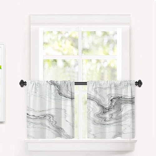 BaoNews Cortinas opacas de mármol abstracto blanco y gris para ventanas, cenefas opacas de poliéster multicapa para cocina, paquete de 2 unidades,