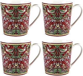 4 x William Morris Strawberry Thief Print Fine China Mugs  Dishwasher & Microwave Safe Bird & Floral Design Red Tea and Coffee Cups  Set of 4 Hot Drink Drinking Cups, Gift Boxed