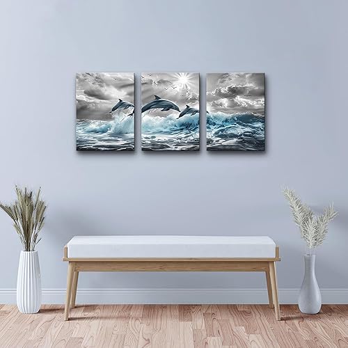 Miniatura 6 de DZRWUBHS Pinturas de pared en blanco y negro para sala de estar, lienzo para decoración de pared para dormitorio, delfines de olas de mar azules,