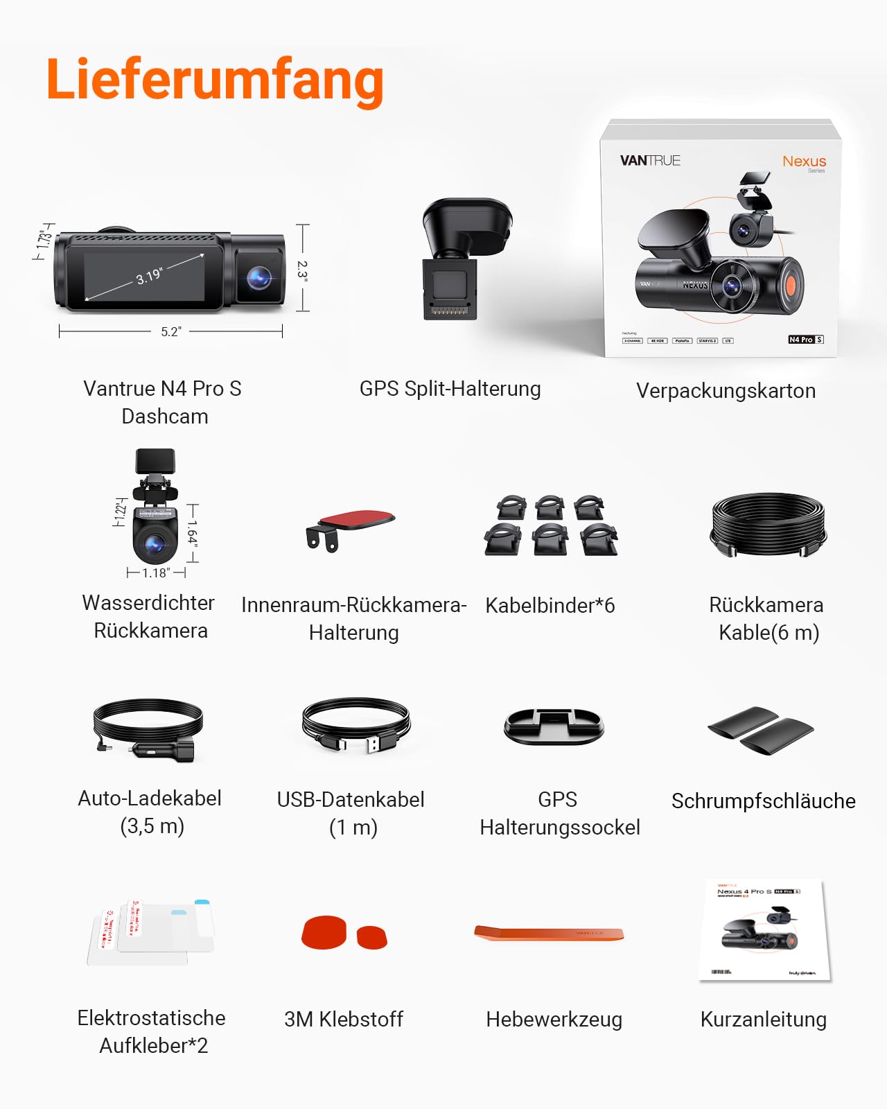 VANTRUE N4 Pro S 4K 3 Kanal Dashcam Auto, 4K+1080P+1440P Vorne Hinten Innen, STARVIS 2 Ultra HD-Nachtsicht, PLATEPIX Kennzeichenerkennung, 5GHz WLAN GPS, DSGVO-konform, G-Sensor, 24H Parküberwachung