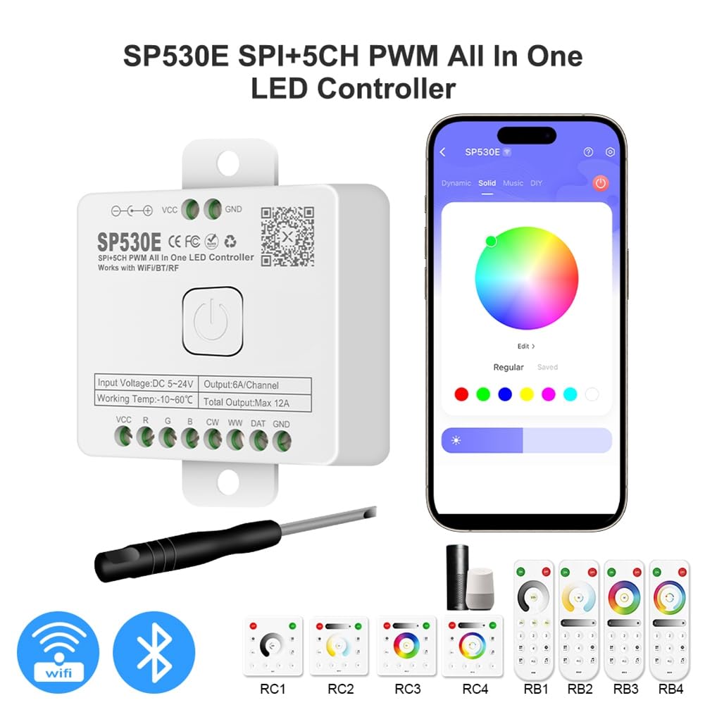 Contrôleur LED Wifi 12-En-1 SP530E PWM SPI Pixels Dimmer pour Bandes LED WS2812B WS2811 RGB RGBW avec Commande Vocale