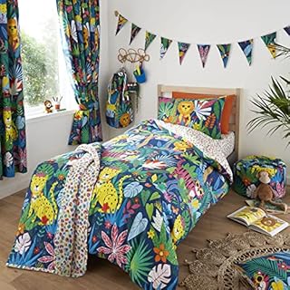 Happy Linen Company Girls Boys Kids Tropical Jungle Cats Navy Blue Single Reversible Duvet Cover Bedding Set