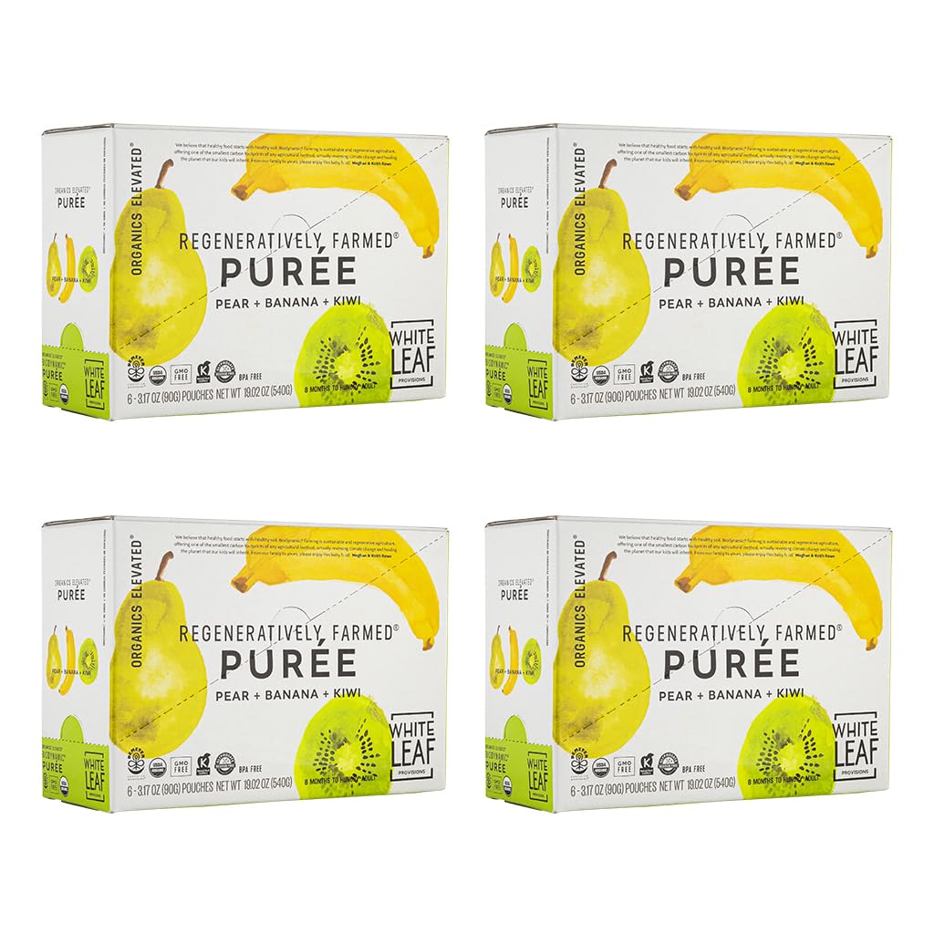 White Leaf Provisions Organic Purees / Baby Food Pouches - Fruits, Veggies & Grains, Toddler snack, Regeneratively Farmed, No Added Sugar, Non-GMO, BPA-Free Pouches 3.17 oz (Pack of 24, Pear + Banana + Kiwi)