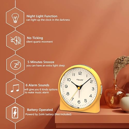 Miniatura 2 de Reloj despertador analógico silencioso sin tictac, durmientes pesados, repetición, 6 sonidos de despertador, funciona con pilas y funciones de luz,