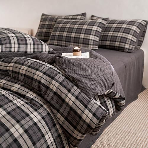 Gingham Duvet Cover Set Muslin Cotton,Queen(90"x90"),Shadow Grey Plaid